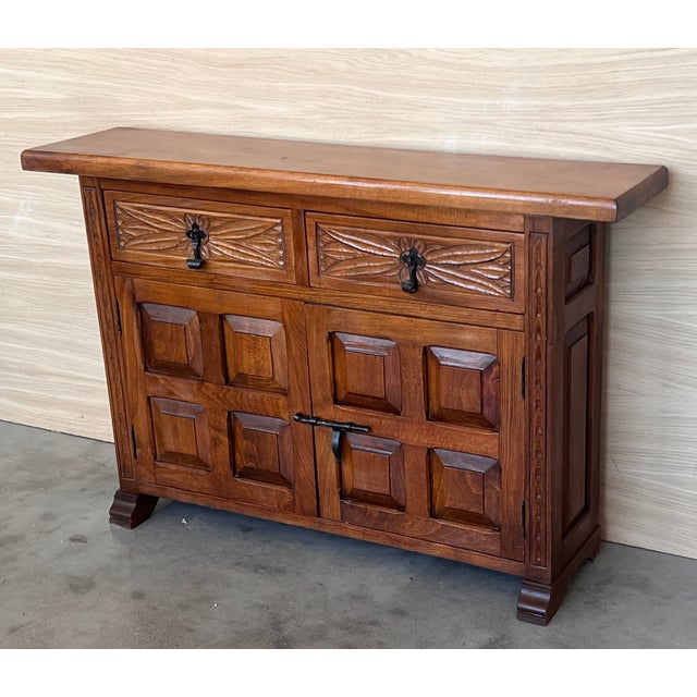 Baroque 19th Spanish Narrow Baroque Carved Walnut Tuscan Two Drawer Credenza or Buffet For Sale - Image 3 of 11