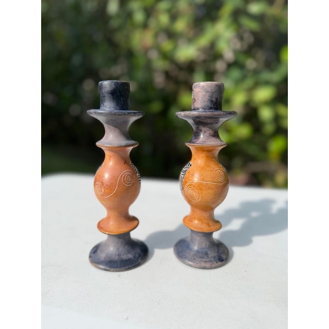 Blue Vintage Postmodern Carved Soapstone Candlesticks , a Pair For Sale - Image 8 of 11