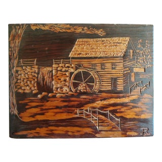 Vintage Hand Carved Watermill Wood Relief Wall Art For Sale