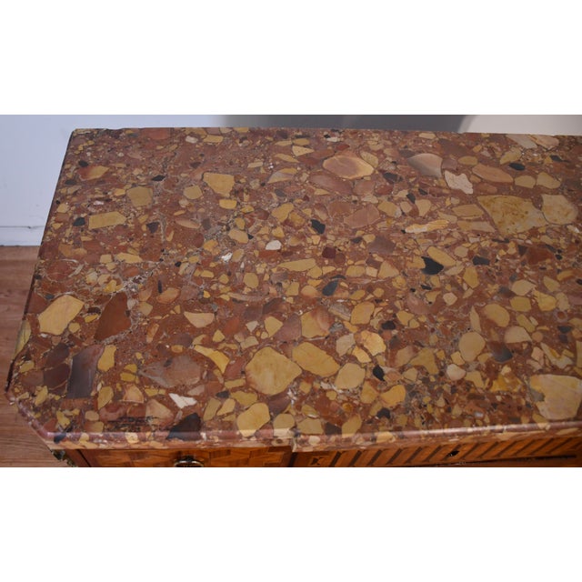 French 1890 Antique French Louis XV Marquetry Inlay Marble Top Dresser Chest of Drawers For Sale - Image 3 of 18