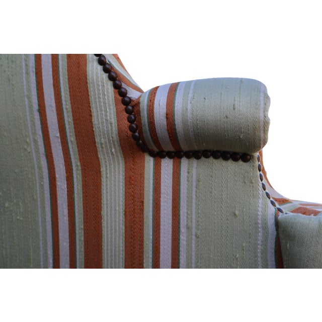 Vintage Baker Furniture Celadon & Rust Striped Wingback Chairs With Nailhead Trim — Pair For Sale - Image 11 of 18