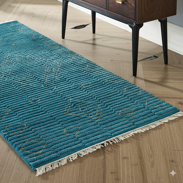 Traditional 4x12 Exquisite Moroccan Green Geometric Modern Hand Knotted Wool Carpet Rug For Sale - Image 3 of 6