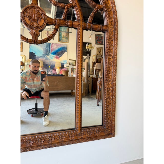 Wood Large John Richard Hand-Carved Walnut Arched Wall Mirror With Ornate Garland Motif For Sale - Image 7 of 12