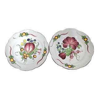 French Faience Hand Painted Floral Plates, Scalloped Pair, 8.5" For Sale