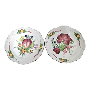 French Faience Hand Painted Floral Plates, Scalloped Pair, 8.5"