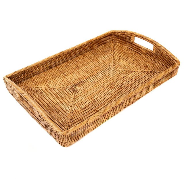 Artifacts Rattan Rectangular Serving Tray with High Handles in Honey Brown - 21" For Sale - Image 10 of 10