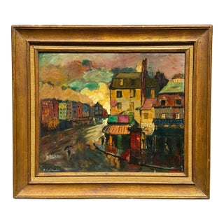 Vintage Oil Painting Rainy Street Scene, Signed & Framed Original Art For Sale