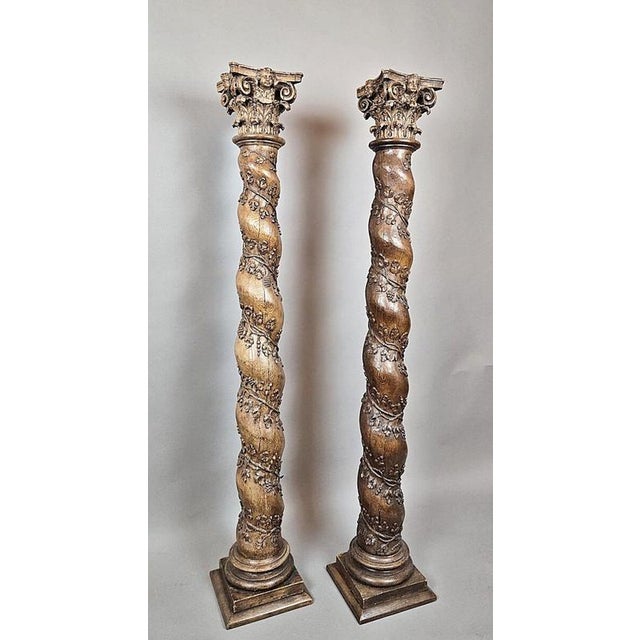 Carved Oak Twisted Columns, 1700s, Set of 2 For Sale - Image 11 of 15