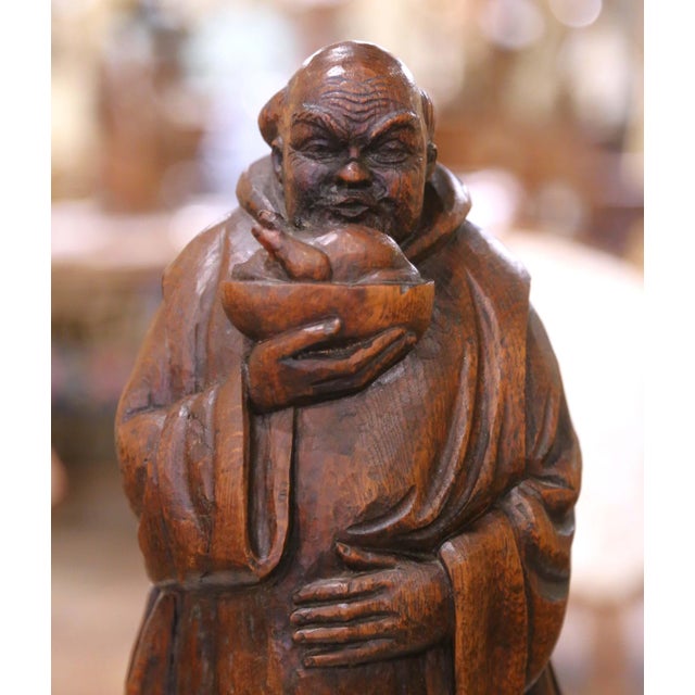 19th C. French Hand Carved Oak Monk Figure in Gothic Style Robe Holding Bowl For Sale - Image 4 of 10