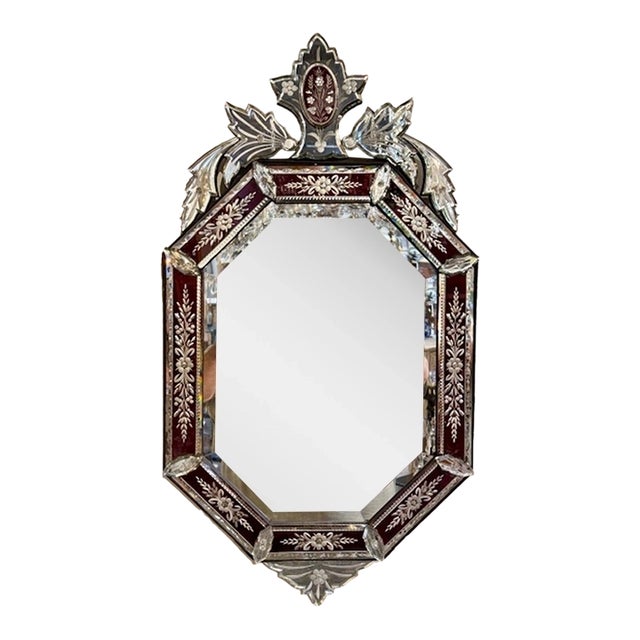 Antique Venetian Etched and Red Glass Mirror For Sale