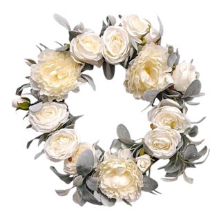 English White Roses & Sage Door Wreath 17" Flower Elegant Summer Spring Gorgeous For Sale