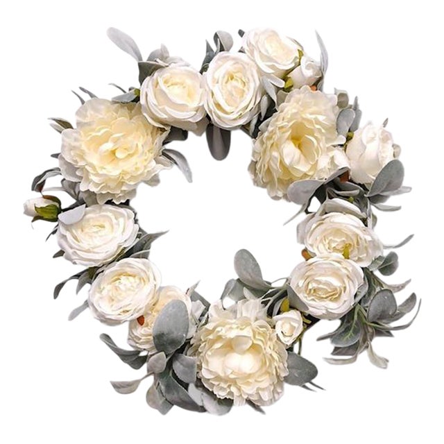 English White Roses & Sage Door Wreath 17" Flower Elegant Summer Spring Gorgeous For Sale