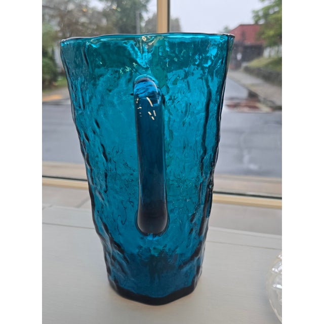 Vintage Peacock Blue Crackle Glass Pitcher For Sale In New York - Image 6 of 6