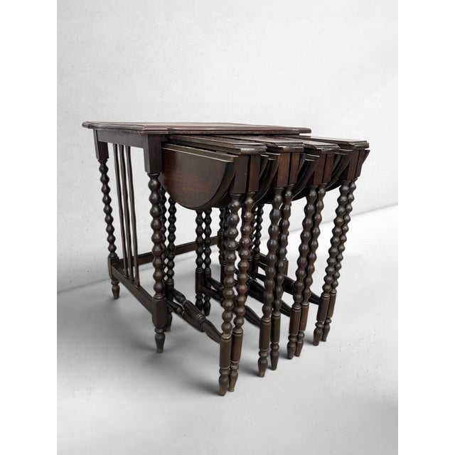 Antique Jacobean Revival Bobbin Nesting Table Suite With Four Folding Side Tables For Sale - Image 9 of 11