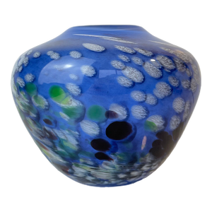 Signed James Kingwell Icefire Art Glass Vase in Blue Purple & White
