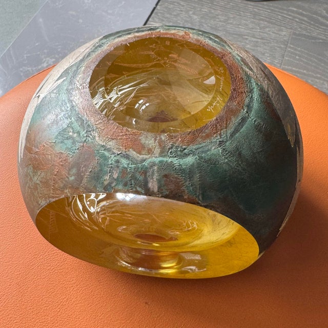 Late 20th Century 20th C. Super Heavy Hiroshi Yamano Signed Glass Sphere Sculpture With Silver & Copper Plating Fish Motif 6"x5"x 4.5"h - Might Missing the Fish For Sale - Image 5 of 13