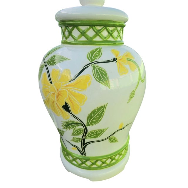 Vintage Huge Palm Beach Regency Style Ceramic Yellow Green Floral Chippendale Lattice Table Lamps- a Pair For Sale - Image 9 of 11