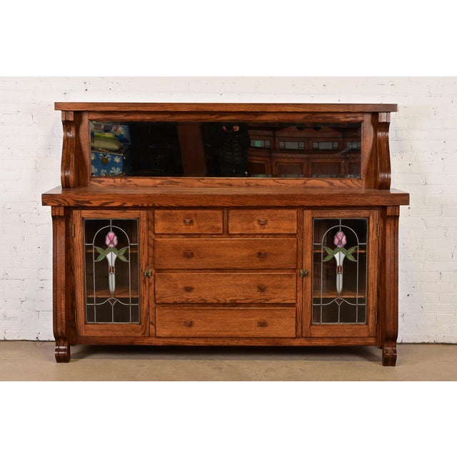 Antique Arts & Crafts Carved Oak Sideboard or Bar Cabinet With Stained Glass Doors, Newly Refinished For Sale - Image 15 of 15