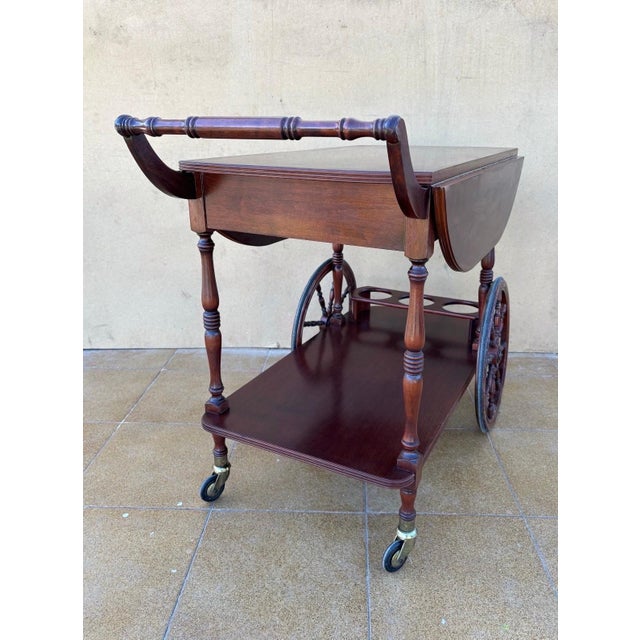 Vintage Wood Tea & Bar Cart with Drop-Leaf Sides and Bottle Holder, 1940s For Sale - Image 6 of 10