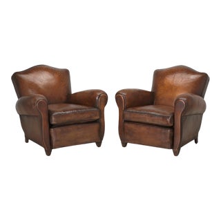 Art Deco Pair of French Leather Club Chairs Restored For Sale