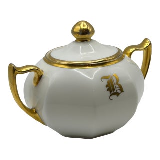 Vintage White Porcelain Sugar Bowl With Gold Trim & “B” Monogram For Sale