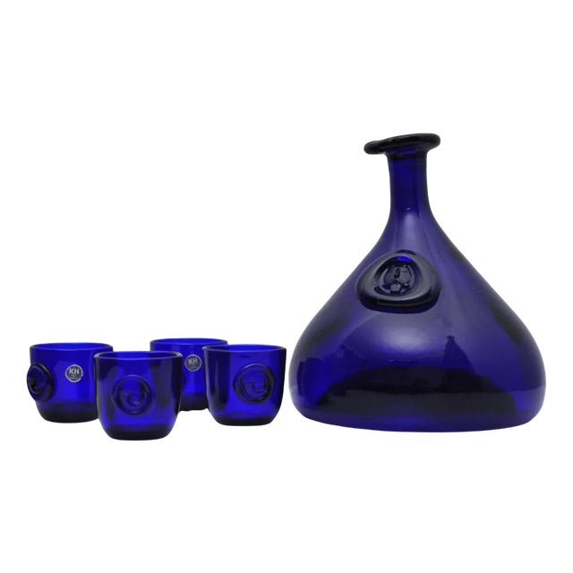 Cobalt Blue Viking Decanters and Cups by Ole Winther for Holmegaard Glasswork, 1962, Set of 5 For Sale