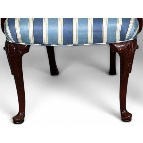 Pair of Vintage Upholstered Queen Anne Style Striped Armchairs With Shell Carving For Sale - Image 9 of 17