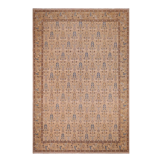 Boho Chic Ziegler Beige Tan Hand-Knotted Wool Rug - 9'2'' X 11'11'' For Sale
