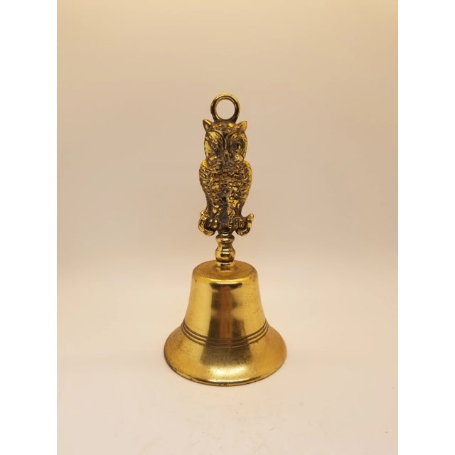 1960s Vintage Brass Metal Hand Bell Owl Figurine Handle, Made England For Sale - Image 5 of 5