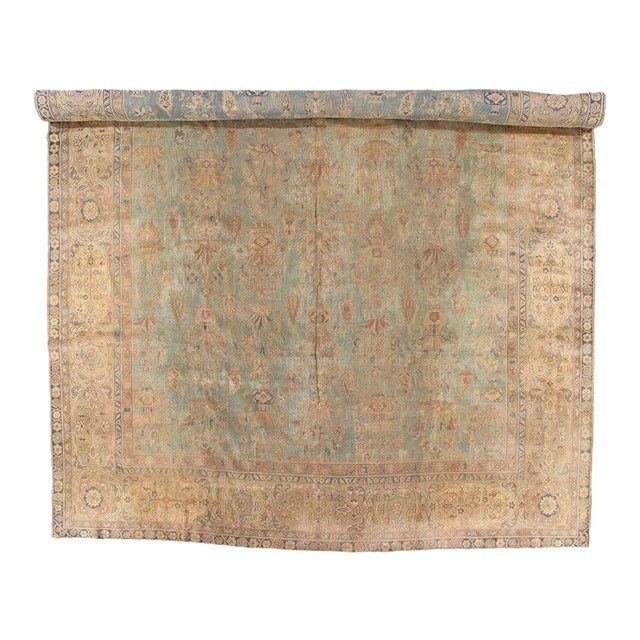 Antique Indian Agra Carpet, Handmade Rug, Green - Blue, Taupe, Beige, Allover For Sale