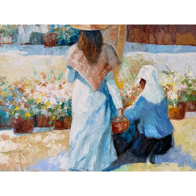 Textile 1970’s John Adamos Manol Impressionist Florist Market Oil on Canvas Painting – Framed For Sale - Image 7 of 12