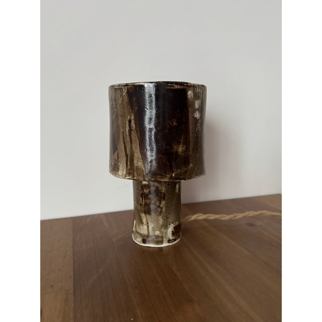 Handmade Ceramic Lamp With Brown Glaze and Expressive Drip Textures For Sale - Image 4 of 5