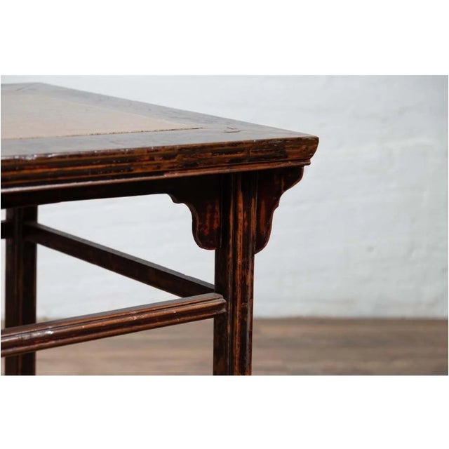 Wood Chinese 19th Century Elmwood Center Hall Table With Ming Dynasty Stone Inset For Sale - Image 7 of 13