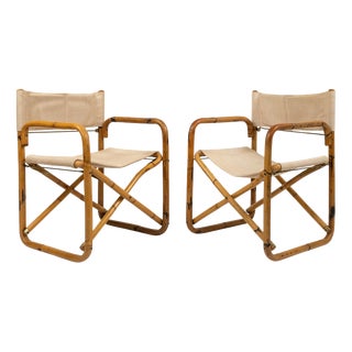Mid-Century Bamboo and Fabric Director's Folding Chairs, Italy, 1960s, Set of 2 For Sale