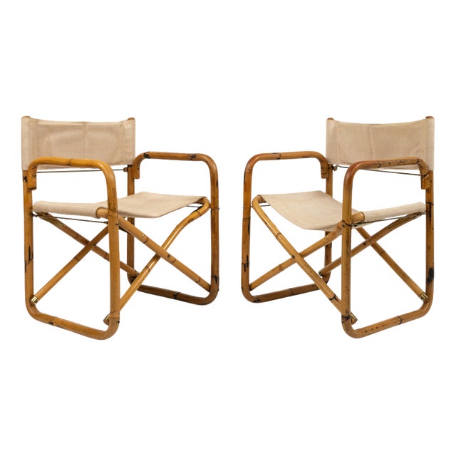 Mid-Century Bamboo and Fabric Director's Folding Chairs, Italy, 1960s, Set of 2 For Sale