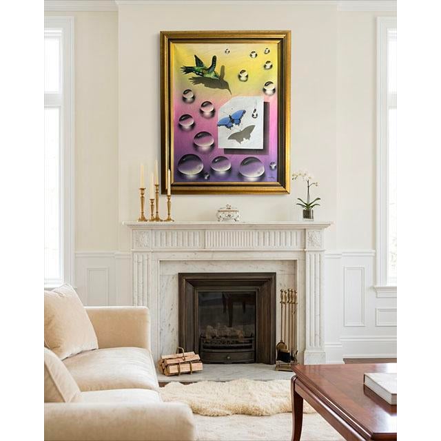 1990s 1997 Rolando Quintana "Hummingbird and Butterfly" Surrealist Water Droplet Painting For Sale - Image 5 of 5