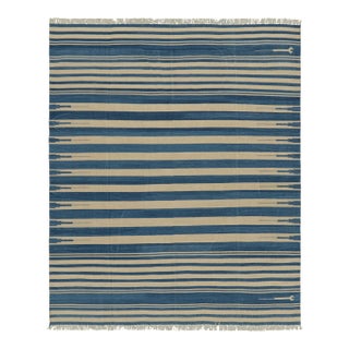 Rug & Kilim's Contemporary Dhurrie Rug in Blue and Beige Stripes - 13x19 For Sale