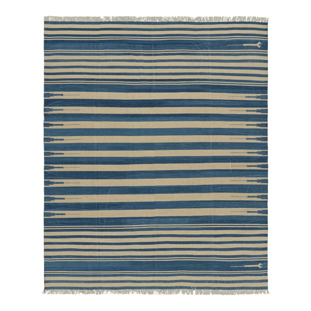 Rug & Kilim's Contemporary Dhurrie Rug in Blue and Beige Stripes - 13x19 For Sale