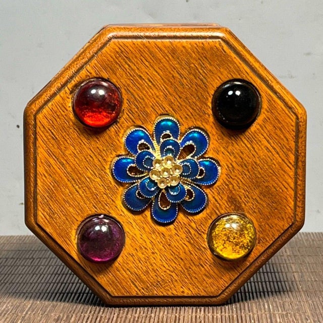 Brown Vintage Rosewood Octagonal Box | Faux Gemstone Inlay | Chinoiserie Trinket Box For Sale - Image 8 of 8