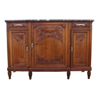 Antique French Art Deco Marble Top Sideboard Buffet Cabinet | Carved Solid Wood Bar Cabinet | Circa 1920s For Sale