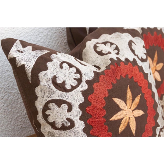 Boho Chic Pair of Embroidered Palmette Suzani Pillow Covers For Sale - Image 3 of 9