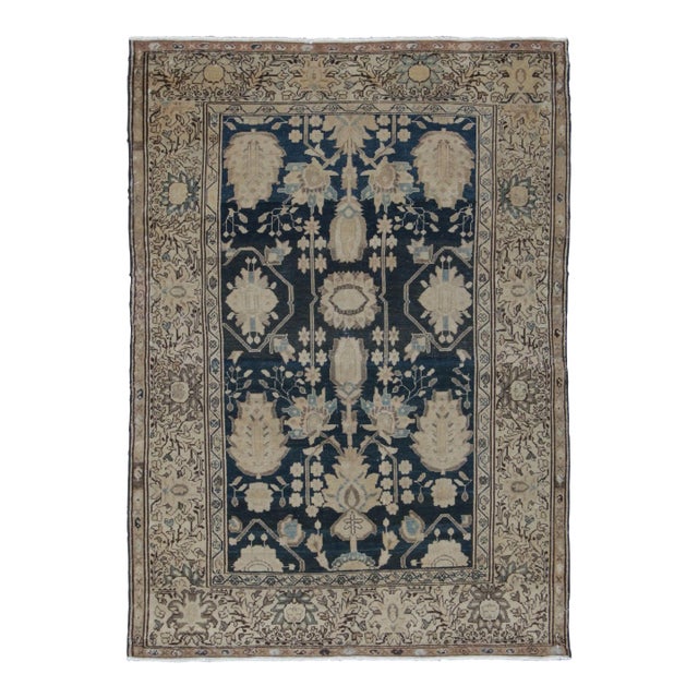 Antique Persian Malayer Rug in Blue and Beige With Floral Pattern - Rug & Kilim For Sale