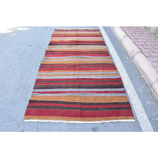 1960s Mid-Century Modern Striped Design Burgundy Turkish Vintage Wool Kilim Rug For Sale - Image 11 of 11