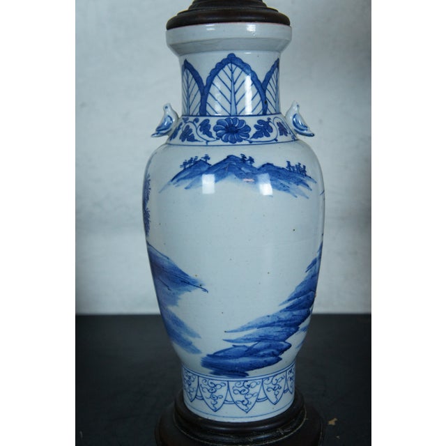 Mid 20th Century Chinese Chinoiserie Blue & White Porcelain Ginger Jar Mantel Urn Table Lamps A Pair 1476