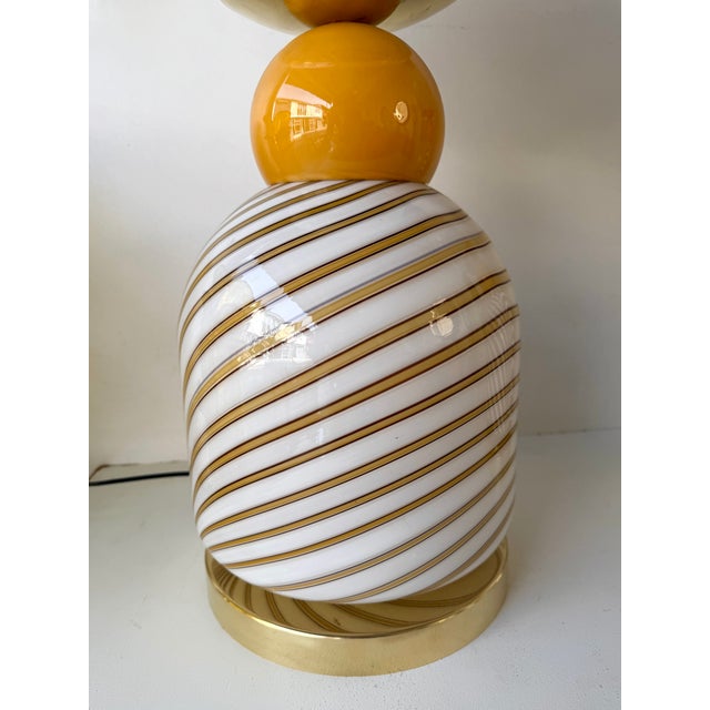 Contemporary Pair of Brass and Berlingo Stripe Murano Glass Lamps, Italy For Sale - Image 9 of 11