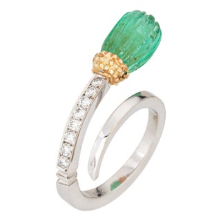 Fluted Emerald Diamond Bypass Ring Estate Sz 6 14k White Gold Fine Jewelry For Sale