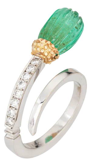 Fluted Emerald Diamond Bypass Ring Estate Sz 6 14k White Gold Fine Jewelry