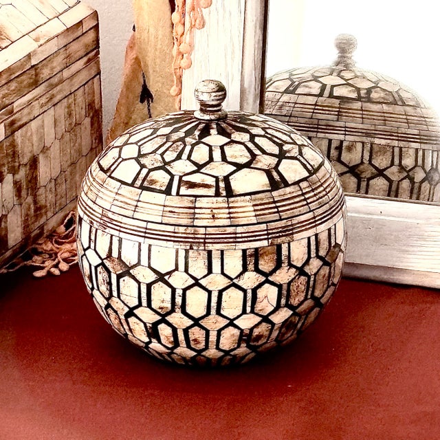 Part of a beautiful curated group, Maitland-Smith, this vintage handcrafted bone inlay box features a striking, fully...