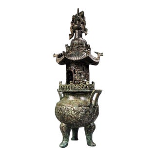 Early 20th Century Bronze Pagoda Censer – 16.9" Archaic Style Tripod Incense Burner For Sale