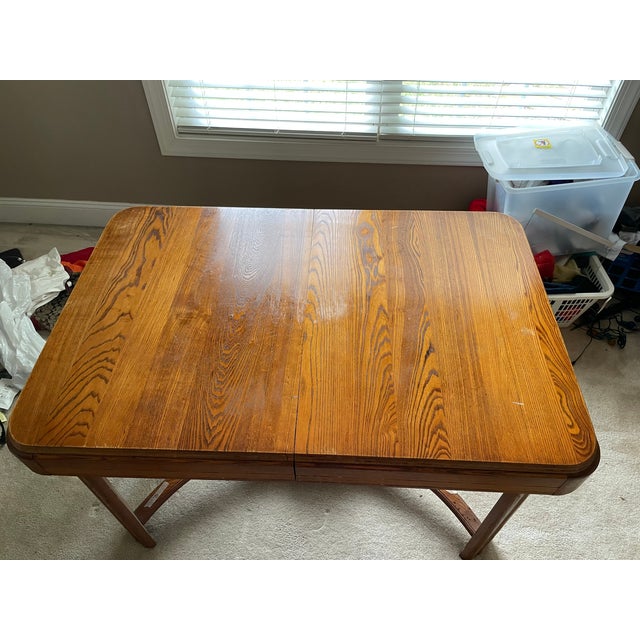 Early 20th Century Early 20th Century Solid Oak Dining Table With Stored Table Leaf For Sale - Image 5 of 9